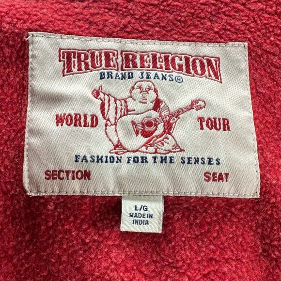 True Religion Hoodie Mens L Colorblock Fleece Full Zip Sweatshirt Red Black - Picture 10 of 14